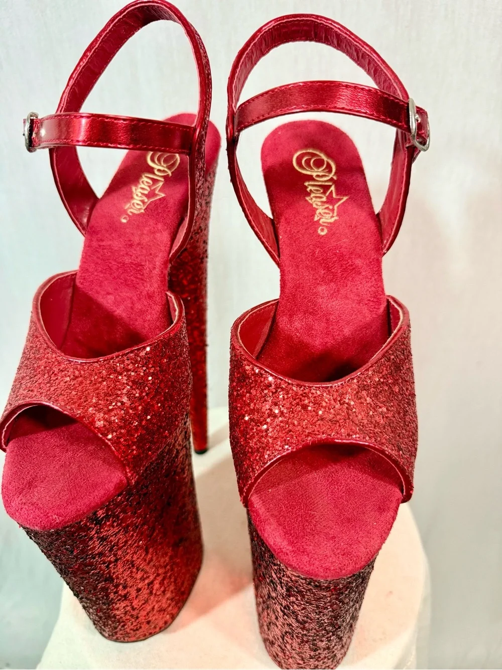 Pleaser 10” BEYOND Size 8 Red Glitter Platform dance heels with Ankle Strap